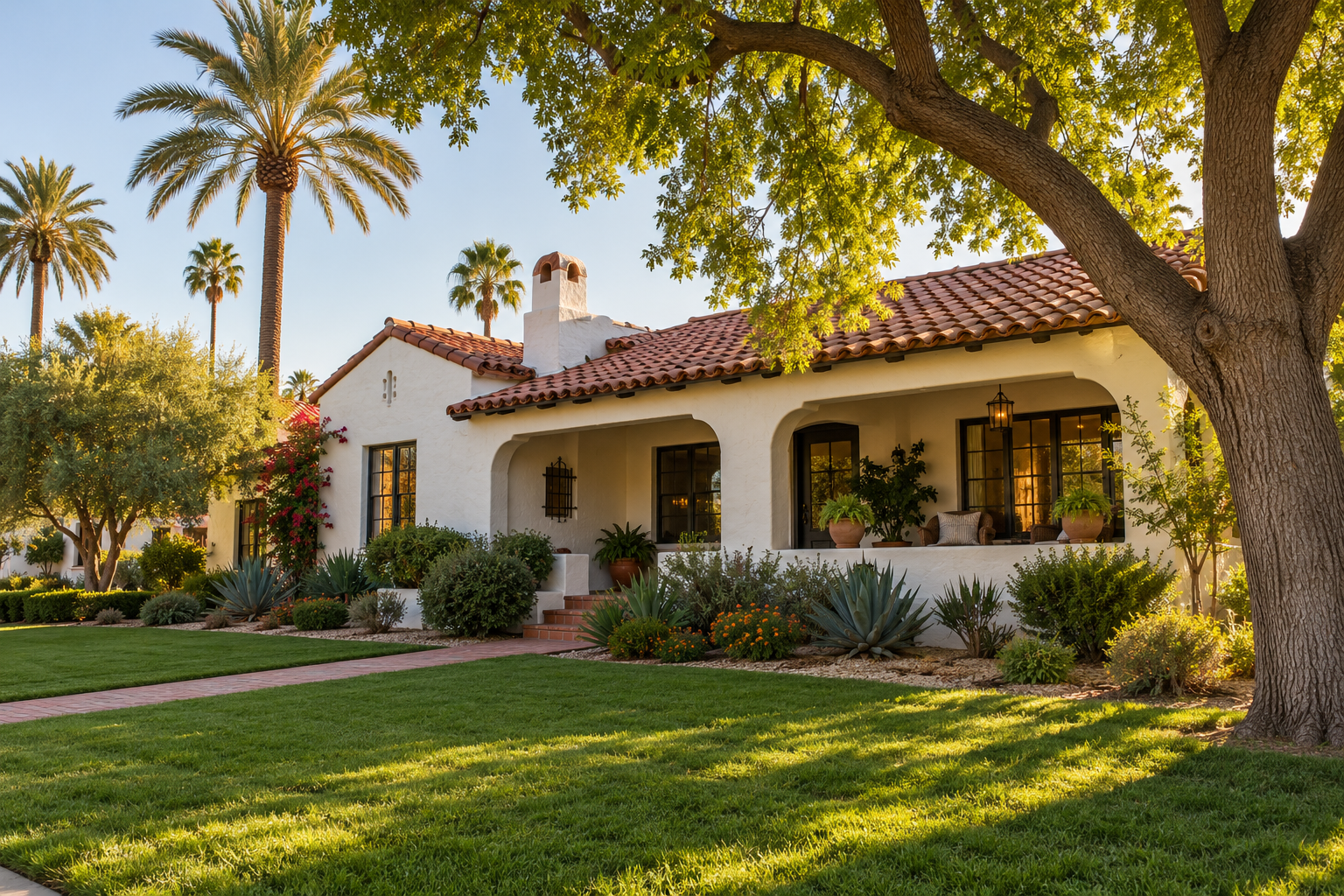 Litchfield Park Home Remodeling Spanish Revival home with mature trees and palms in Litchfield Park, Arizona