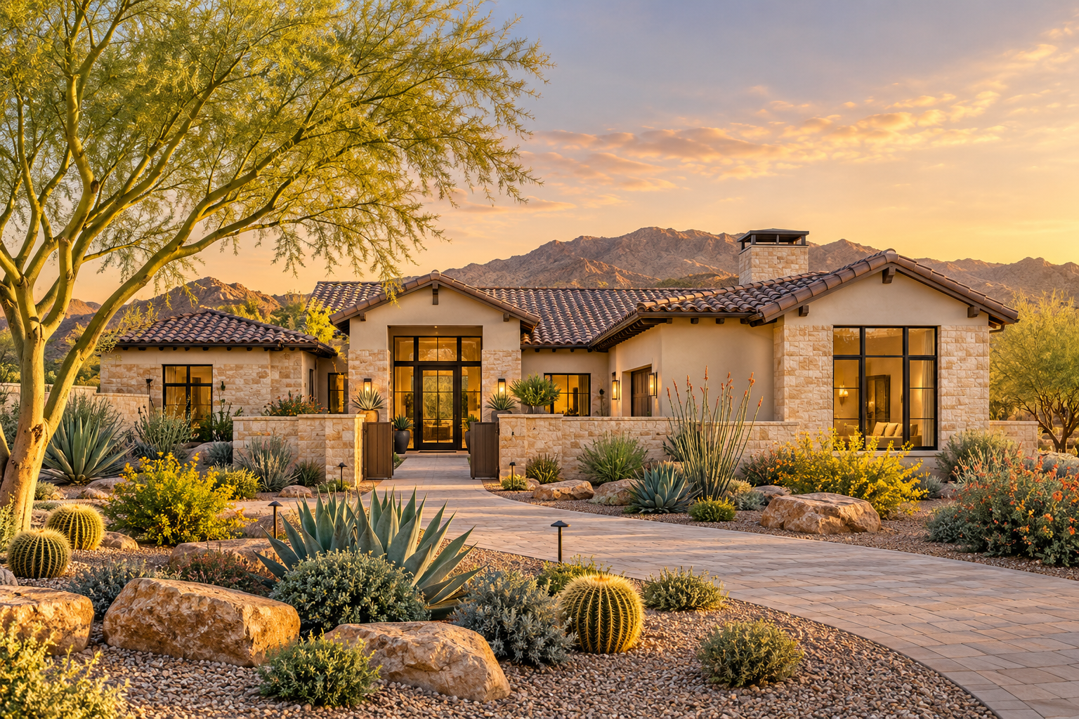 Mesa Illustrative Mesa-style home with a stone courtyard and desert landscaping